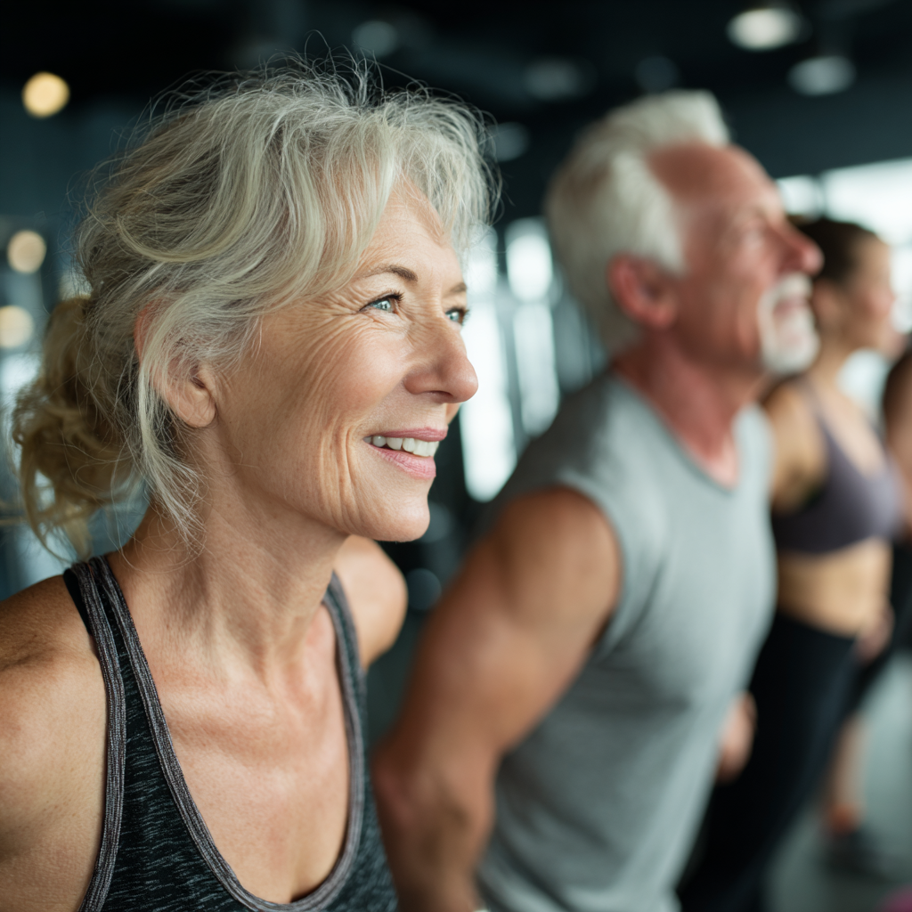 Mature adults enjoying group fitness activities in modern gym